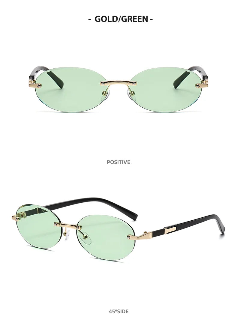 Popular Women Men Shades Oval Sun Glasses for Woman Man Summer Traveling UV400 Rimless Sunglasses Round Fashion Gafas De Sol