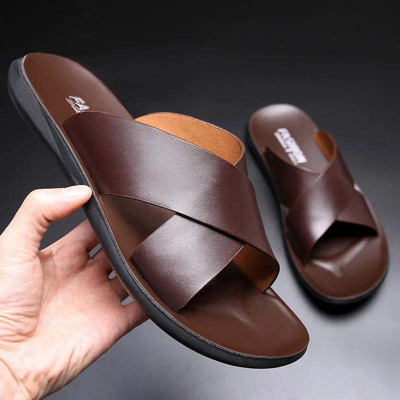 Sandals for Men Slippers Genuine Leather Luxury Brand Fashion  Men Flats Casual Non-slip Beach Sandalia Zapatos Hombre 2026