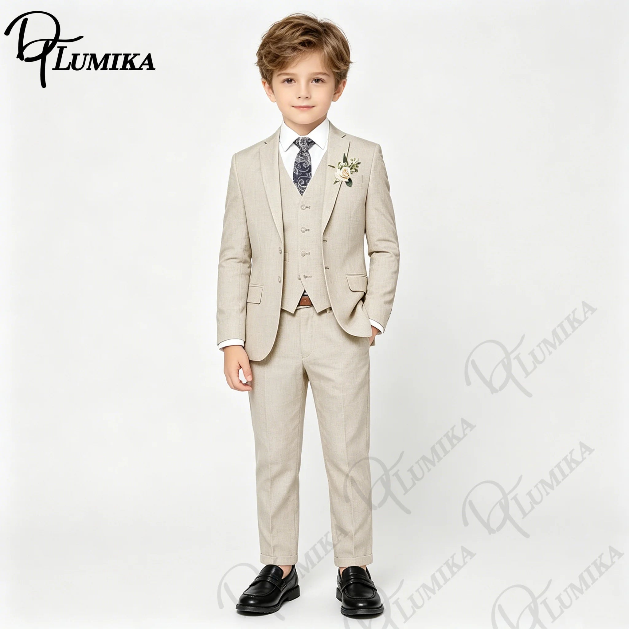Handsome Linen Boys Suit 4-Piece Set with Floral Bow Tie 2026 Classic Formal Blazer Vest Pants for Ring Bearer Wedding Party