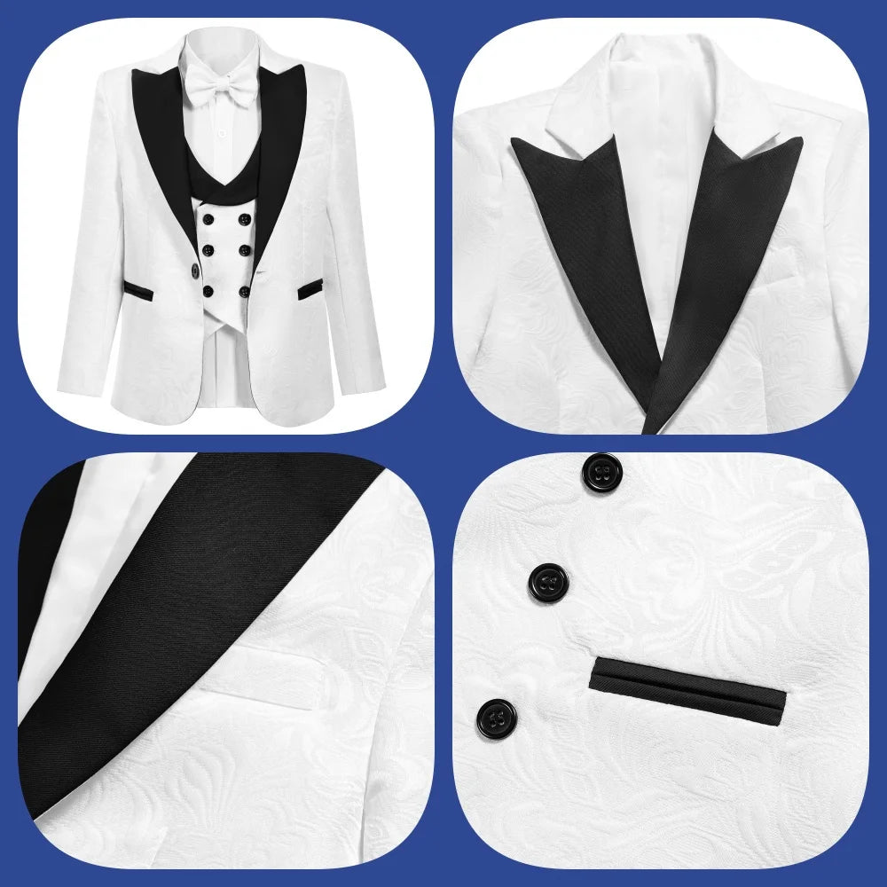 Handsome Linen Boys Suit 4-Piece Set with Floral Bow Tie 2026 Classic Formal Blazer Vest Pants for Ring Bearer Wedding Party