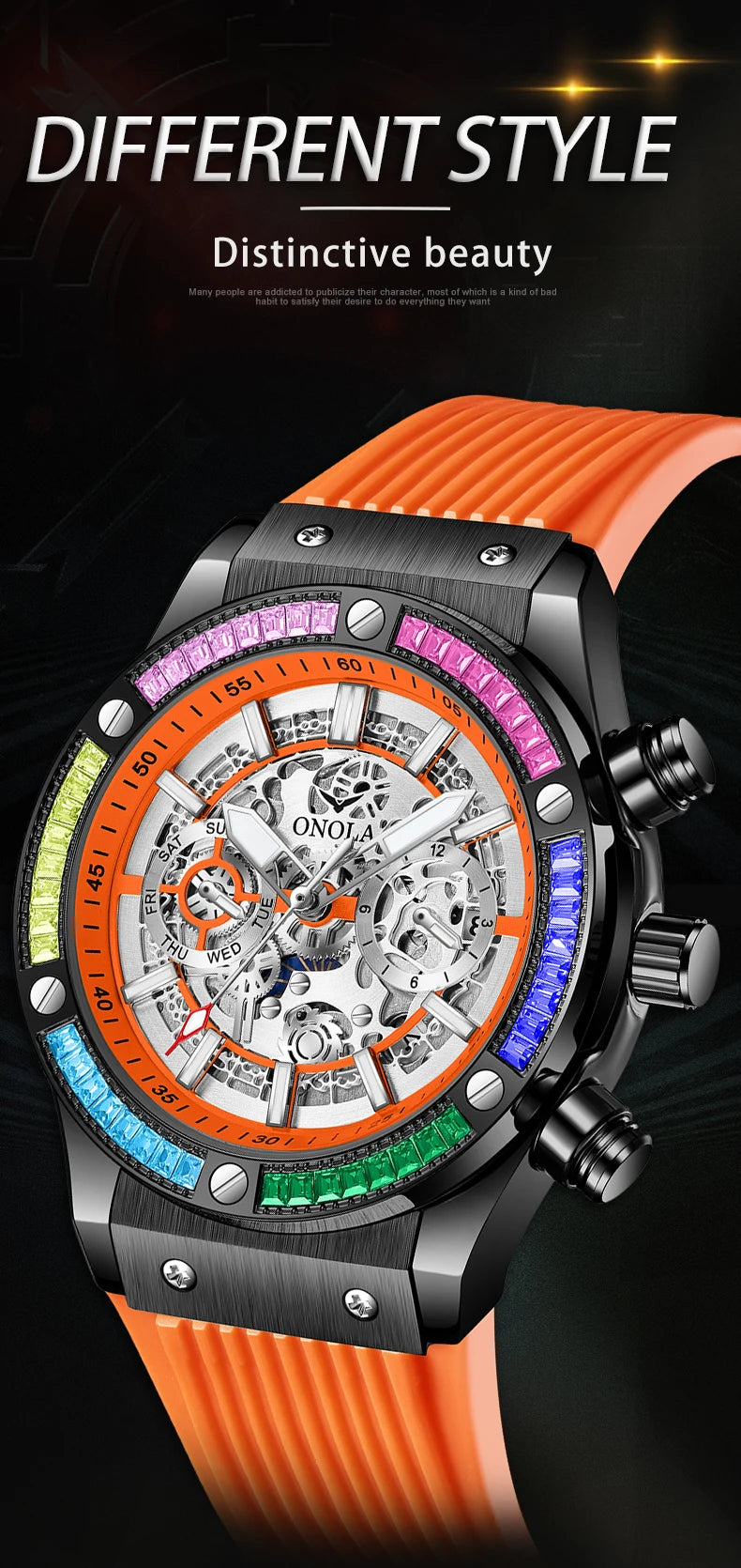 ONOLA Fashion Men's Watches Waterproof Rainbow Diamond Waterproof Date Sports Personalized Quartz Watch For Men