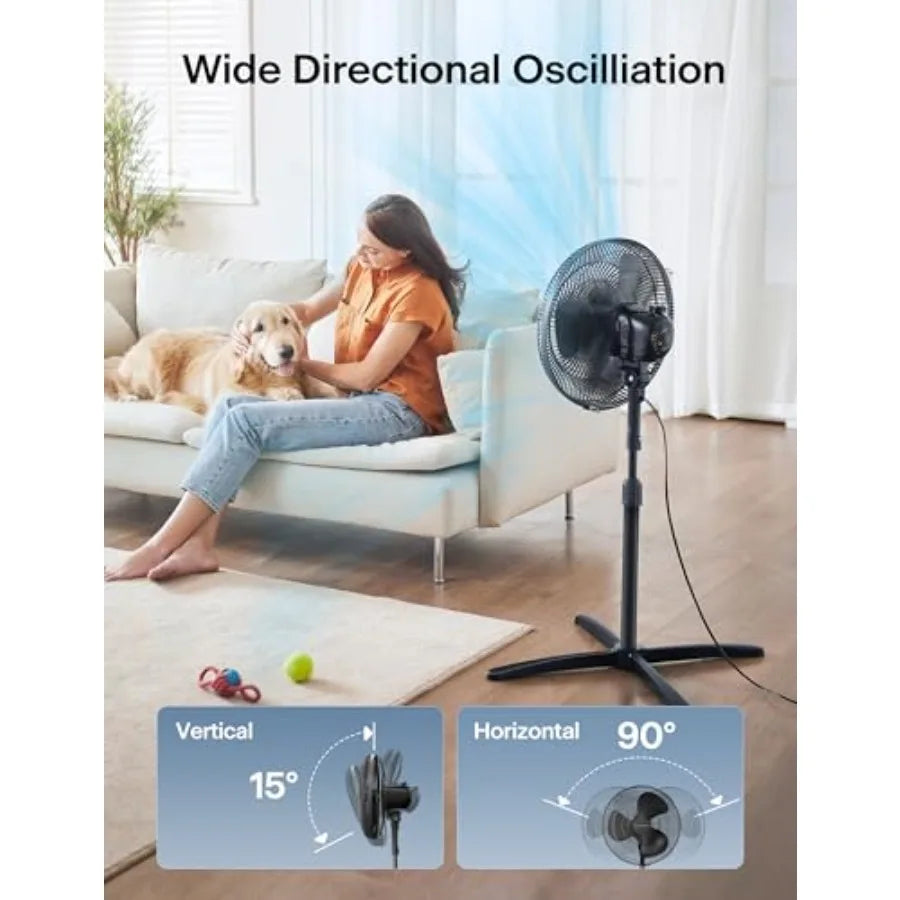 16 inch Pedestal Fan for Bedroom, Oscillating Fan, 3-Speeds, 90° Oscillation, Adjustable Height, Floor Fan, Standing Fan for Li